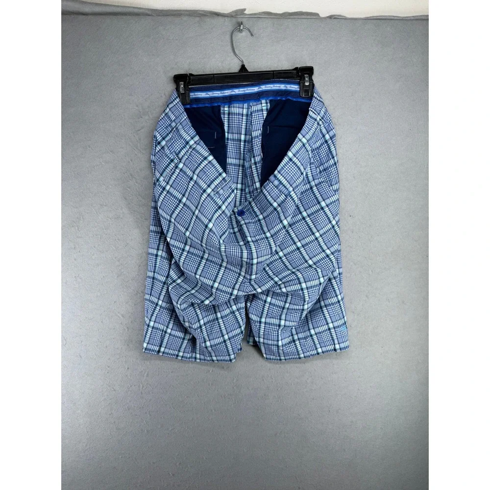 Tommy Bahama Mens Plaid Flat Front Shorts Blue White Teal Size 40
